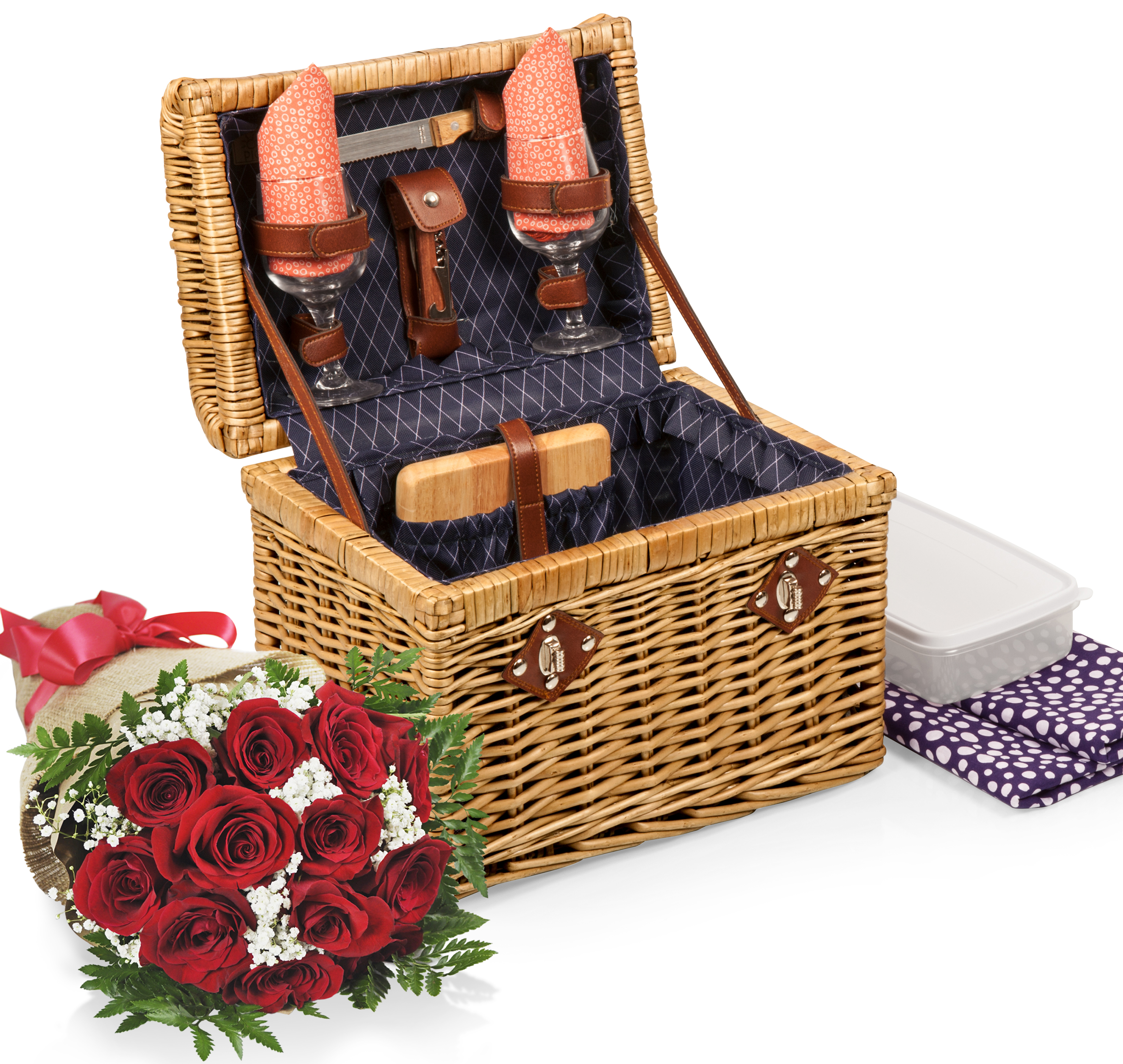 Chardonnay Wine and Cheese Picnic Basket and Dozen Red Rose Bouquet